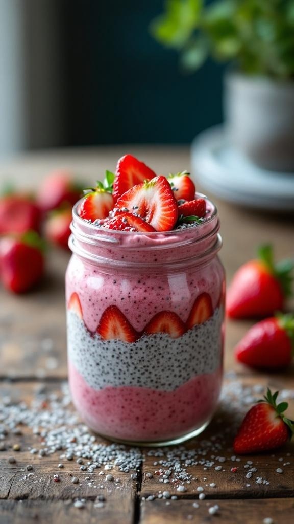 A jar of strawberry chia seed pudding layered with fresh strawberries on top, surrounded by more strawberries.