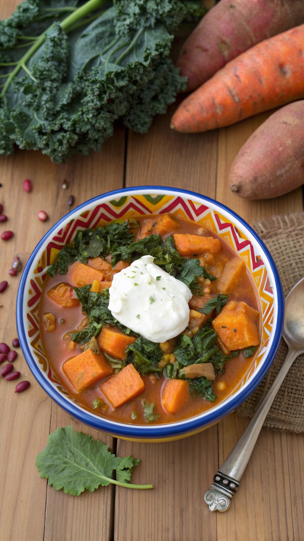 A bowl of sweet potato and kale soup topped with yogurt, surrounded by fresh ingredients.
