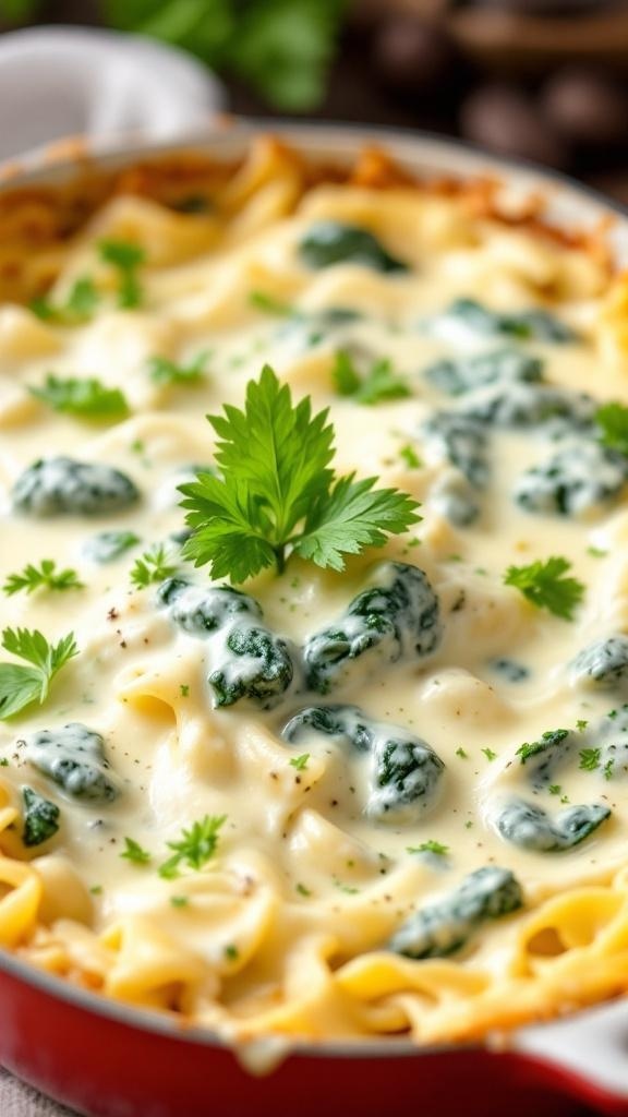 A close-up of vegan Alfredo lasagna topped with parsley, showcasing creamy layers and spinach.