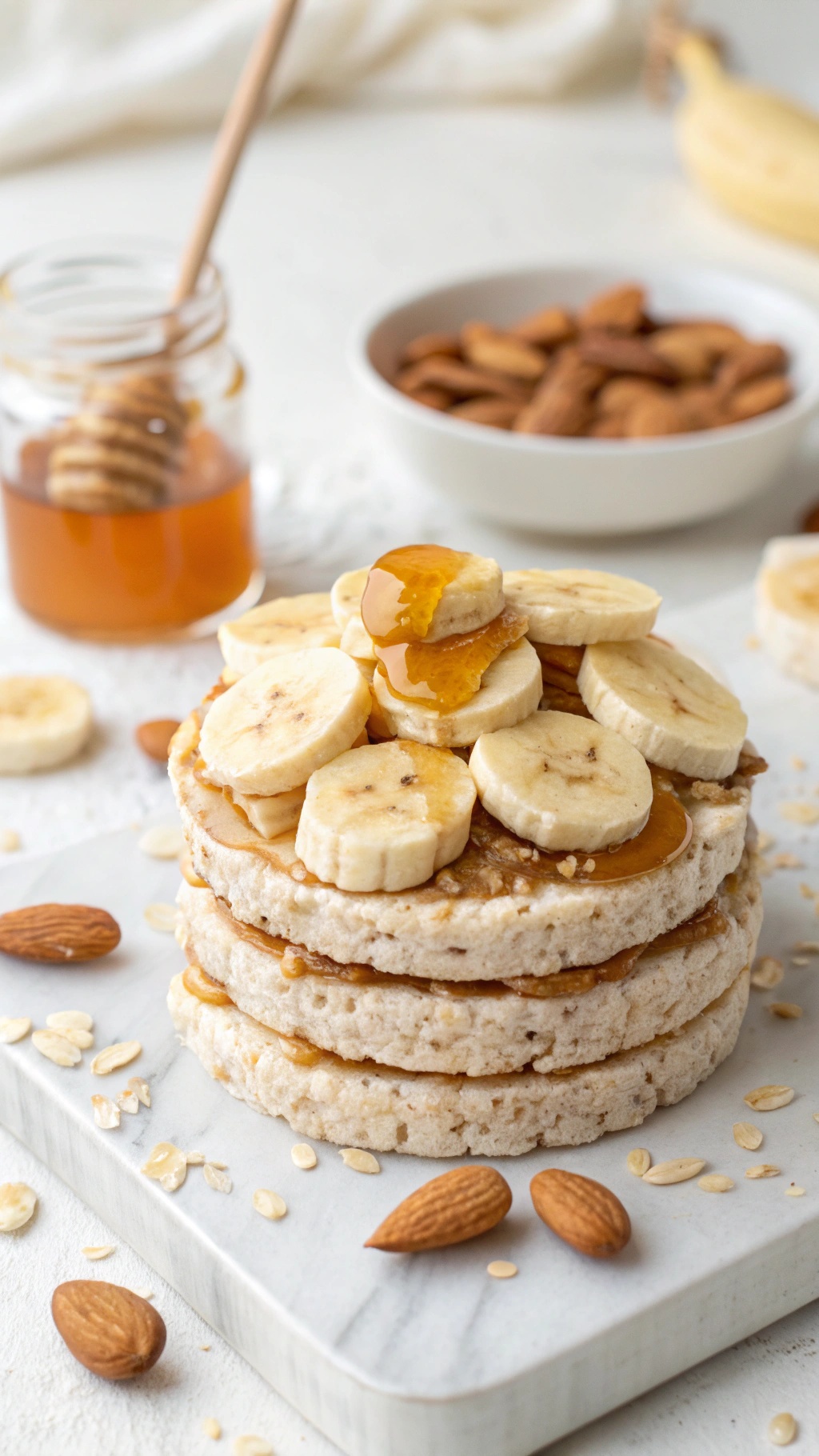 Rice cakes topped with almond butter, banana slices, and honey, surrounded by almonds.