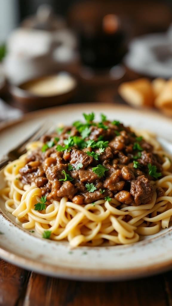 A plate of beef stroganoff served over noodles, garnished with parsley.