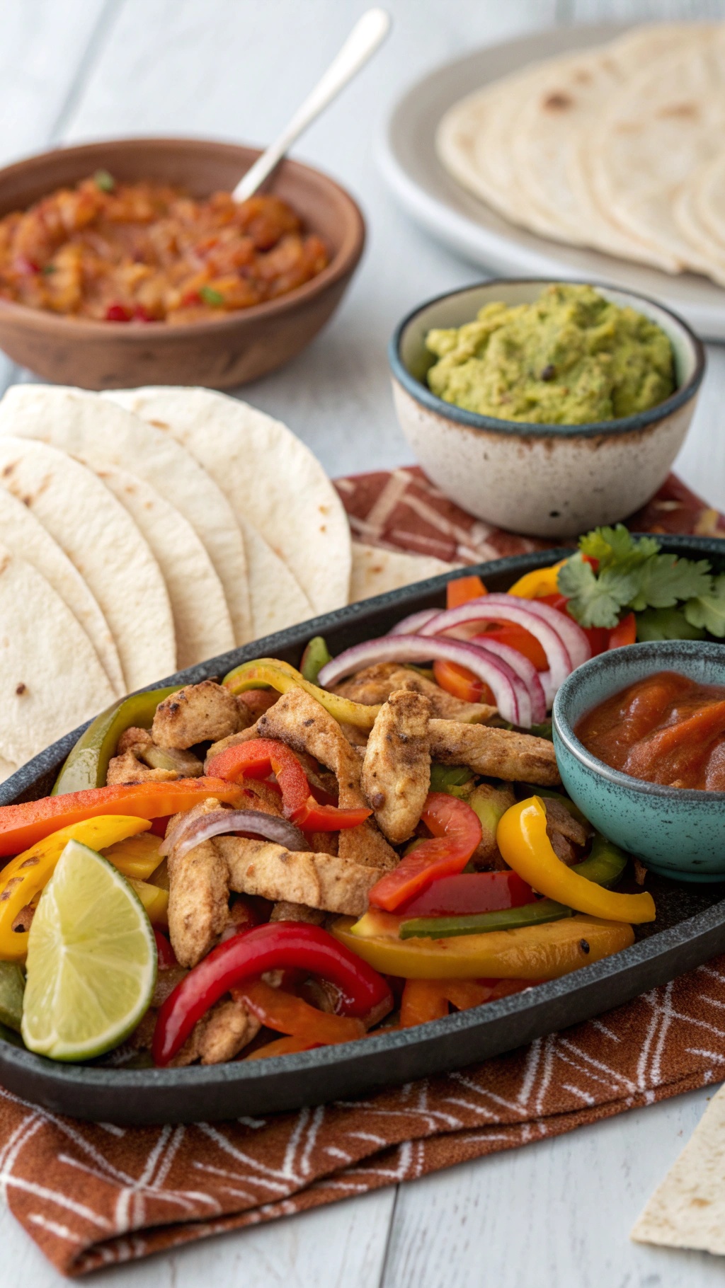 A platter of colorful chicken fajitas with bell peppers, onions, tortillas, guacamole, and salsa.