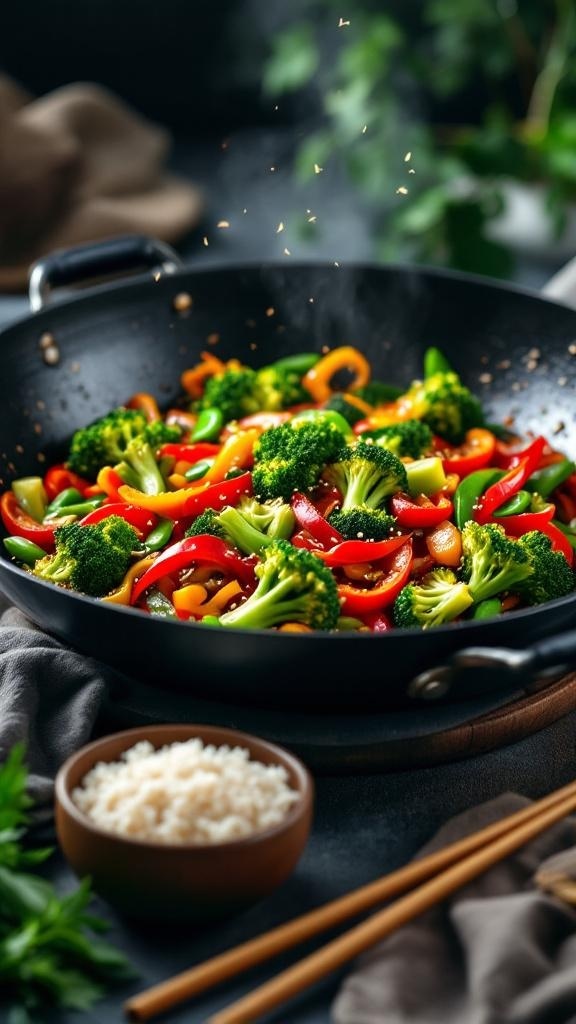 A colorful vegetable stir-fry with broccoli, bell peppers, and snap peas in a wok, served with rice.