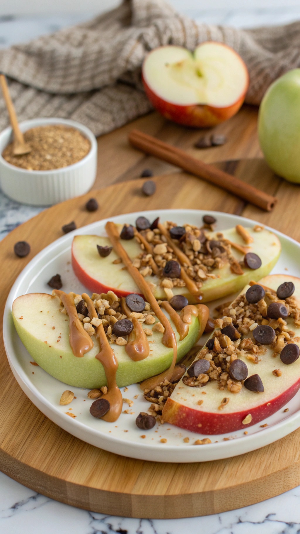 A plate of apple nachos topped with peanut butter, granola, and chocolate chips.