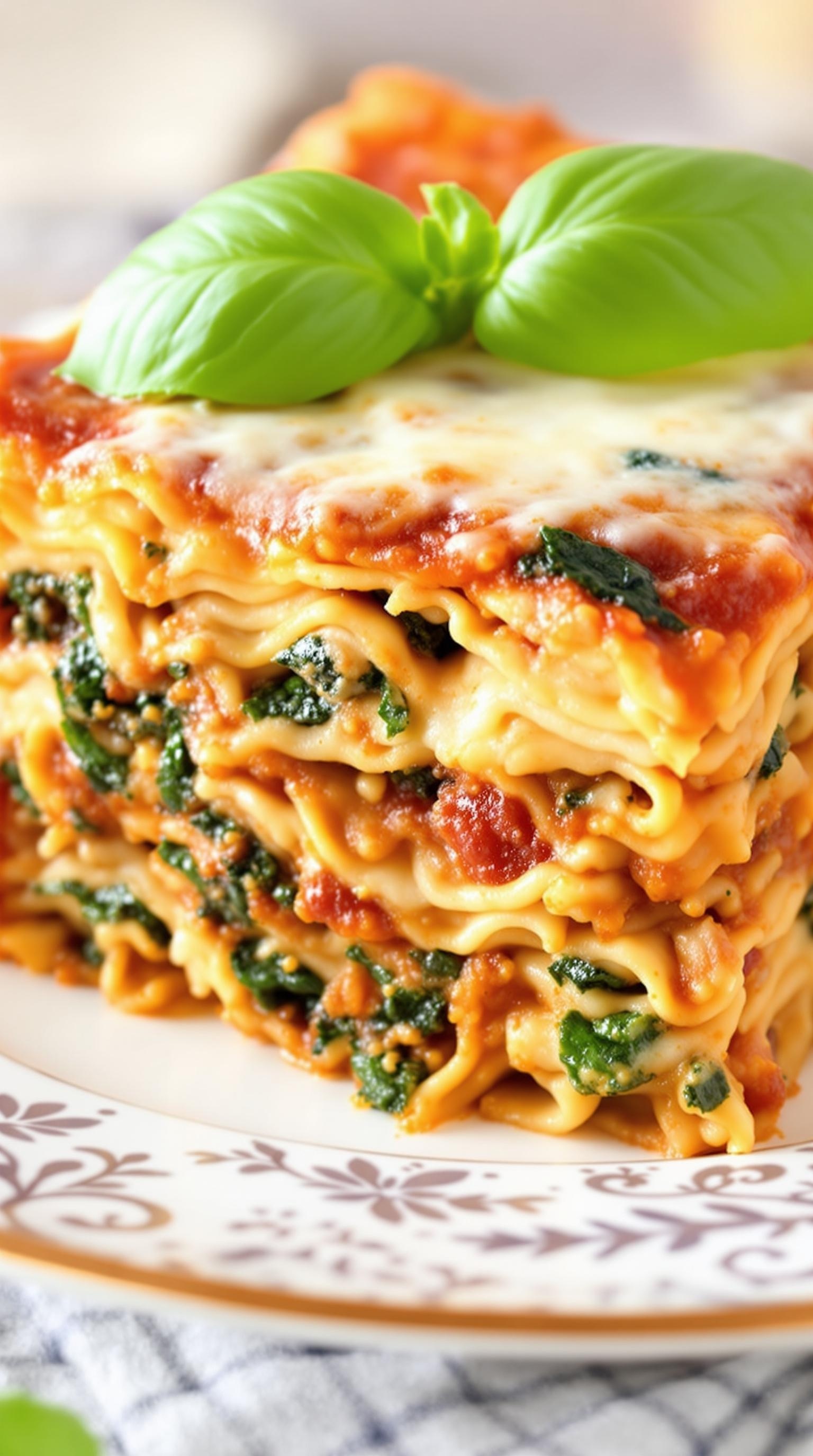 A delicious slice of beef and spinach lasagna with whole wheat noodles, topped with fresh basil.