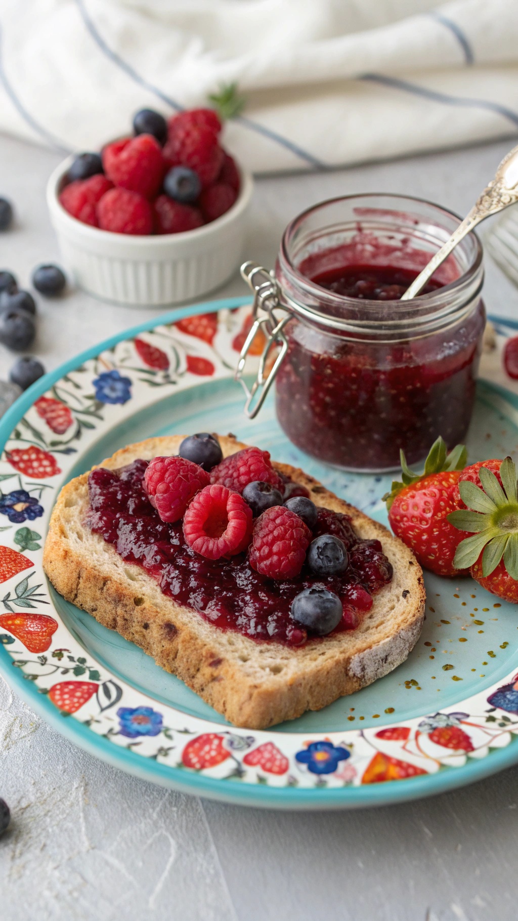 A slice of toast topped with berry chia seed jam and fresh berries on a decorative plate.