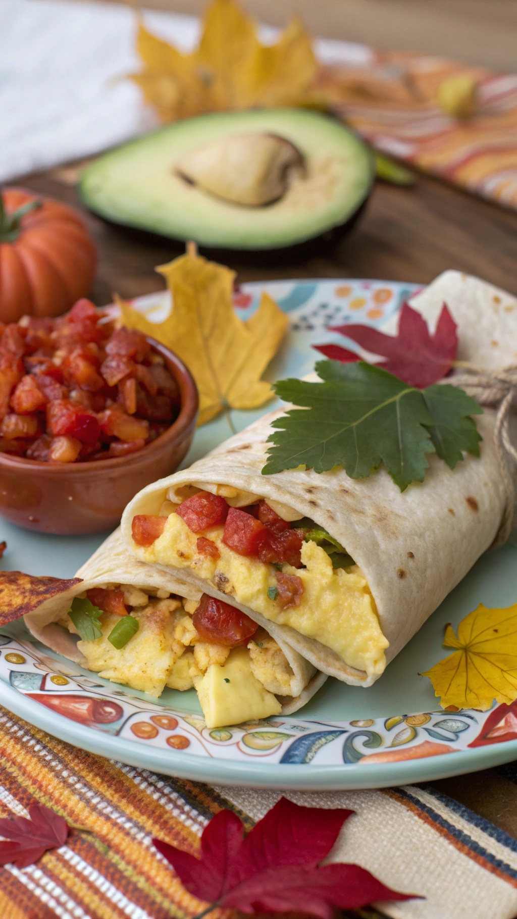 A delicious breakfast burrito filled with eggs and salsa, surrounded by fall leaves and an avocado.