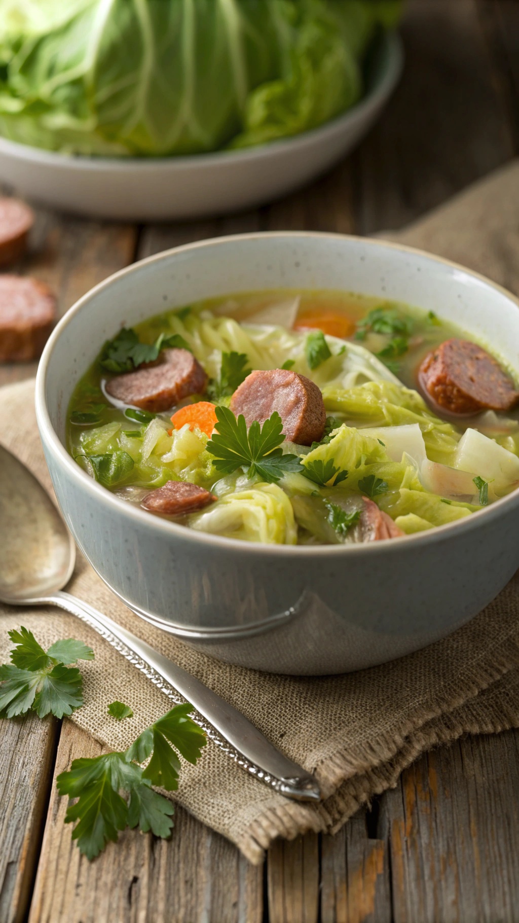 A bowl of cabbage and sausage soup with fresh parsley on top, served with a spoon on a rustic table.