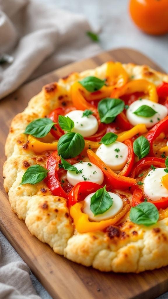 Cauliflower pizza crust topped with bell peppers, mozzarella, and basil on a wooden board.