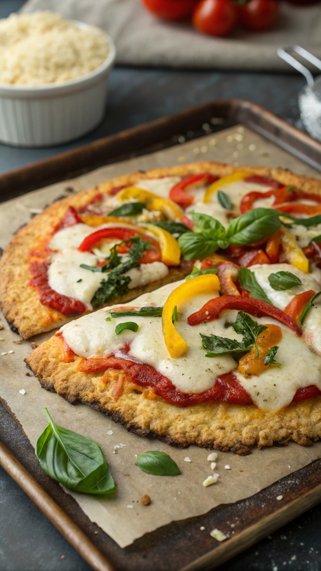 A delicious cauliflower pizza crust topped with colorful vegetables and cheese.