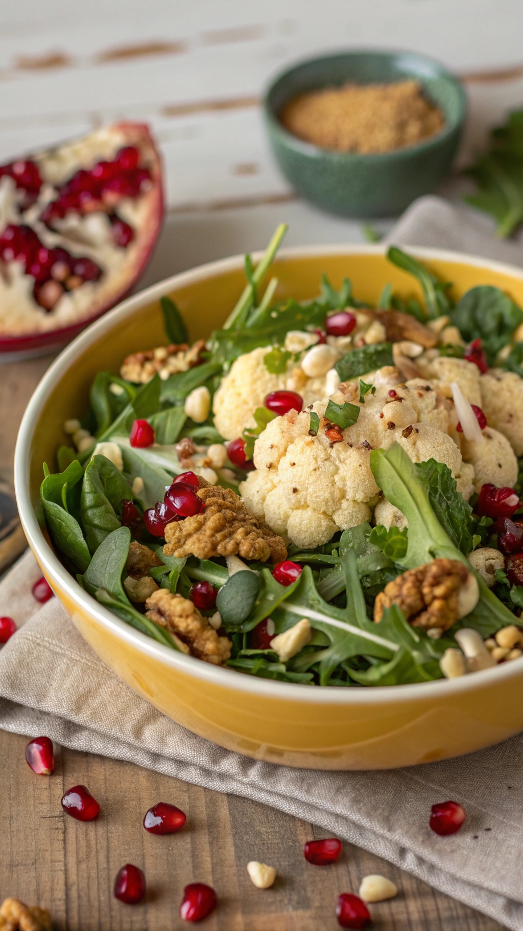 A vibrant cauliflower salad with greens, pomegranate seeds, and walnuts in a yellow bowl.