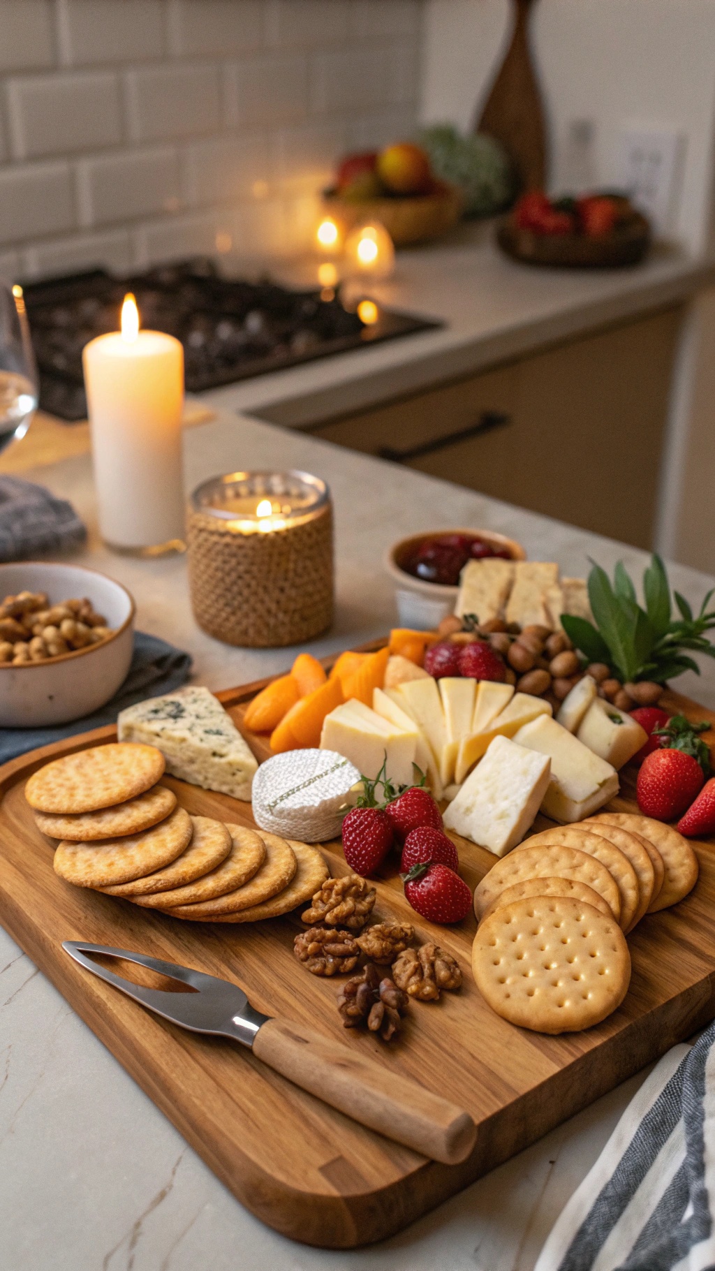 A wooden platter filled with assorted cheeses, crackers, strawberries, and nuts, with a candle in the background.