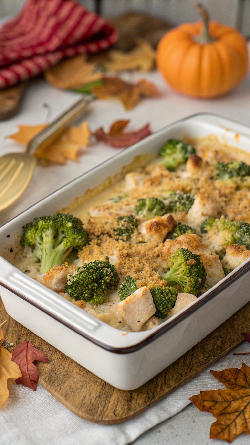 A delicious chicken and broccoli casserole topped with a crunchy layer, surrounded by autumn leaves and a small pumpkin.
