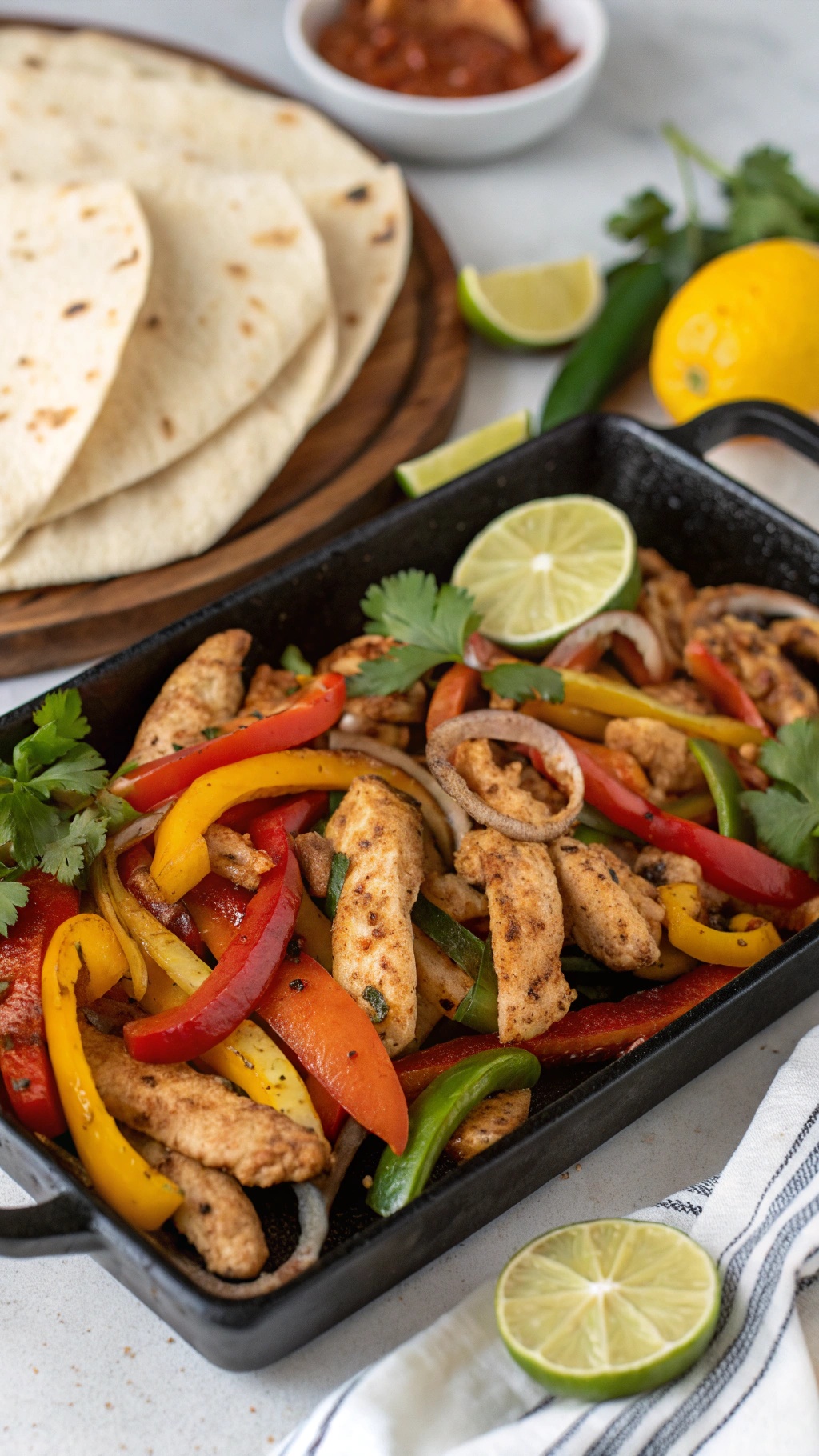 A colorful dish of chicken fajitas with bell peppers, onions, and lime, served with tortillas.