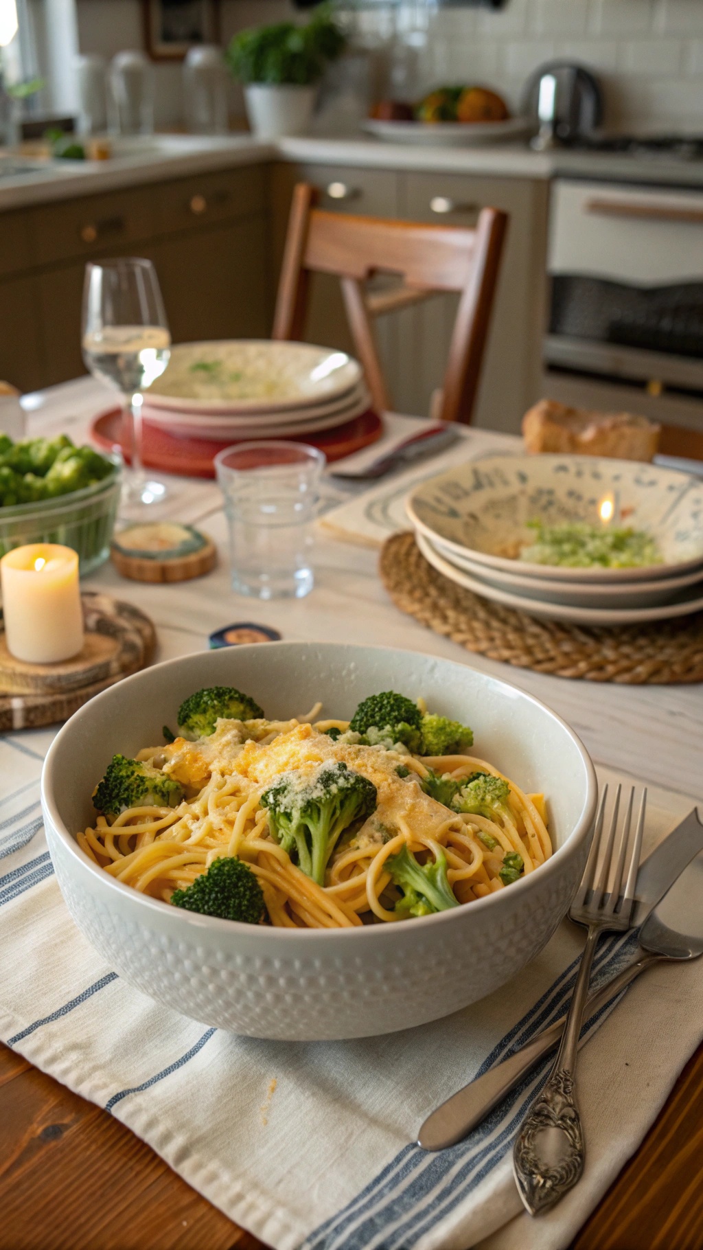 A cozy dining table with a bowl of gluten-free spaghetti topped with broccoli and cheese, surrounded by plates and a candle.