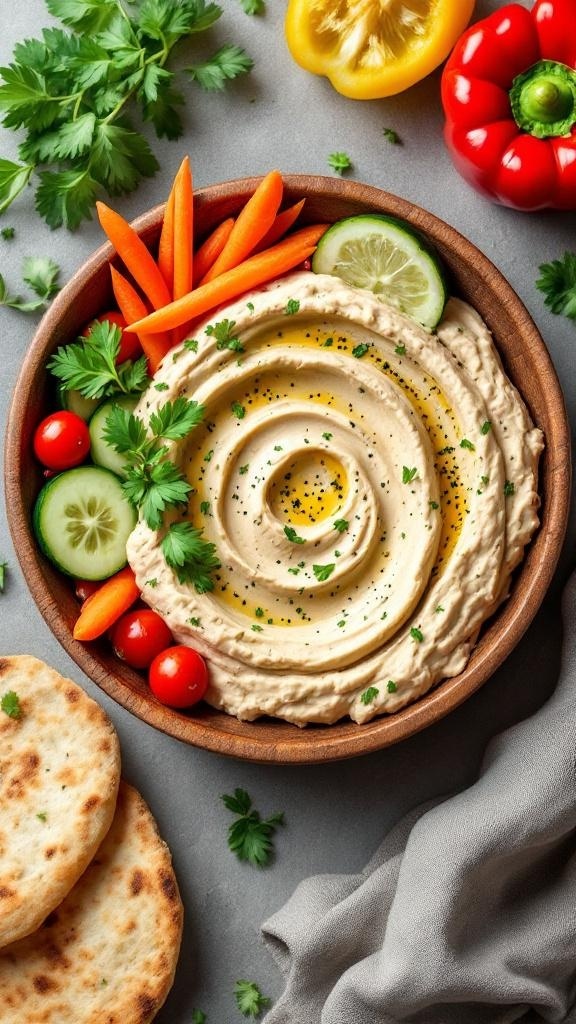 A bowl of hummus topped with fresh vegetables like cucumbers, cherry tomatoes, and carrots, garnished with parsley and served with pita bread.