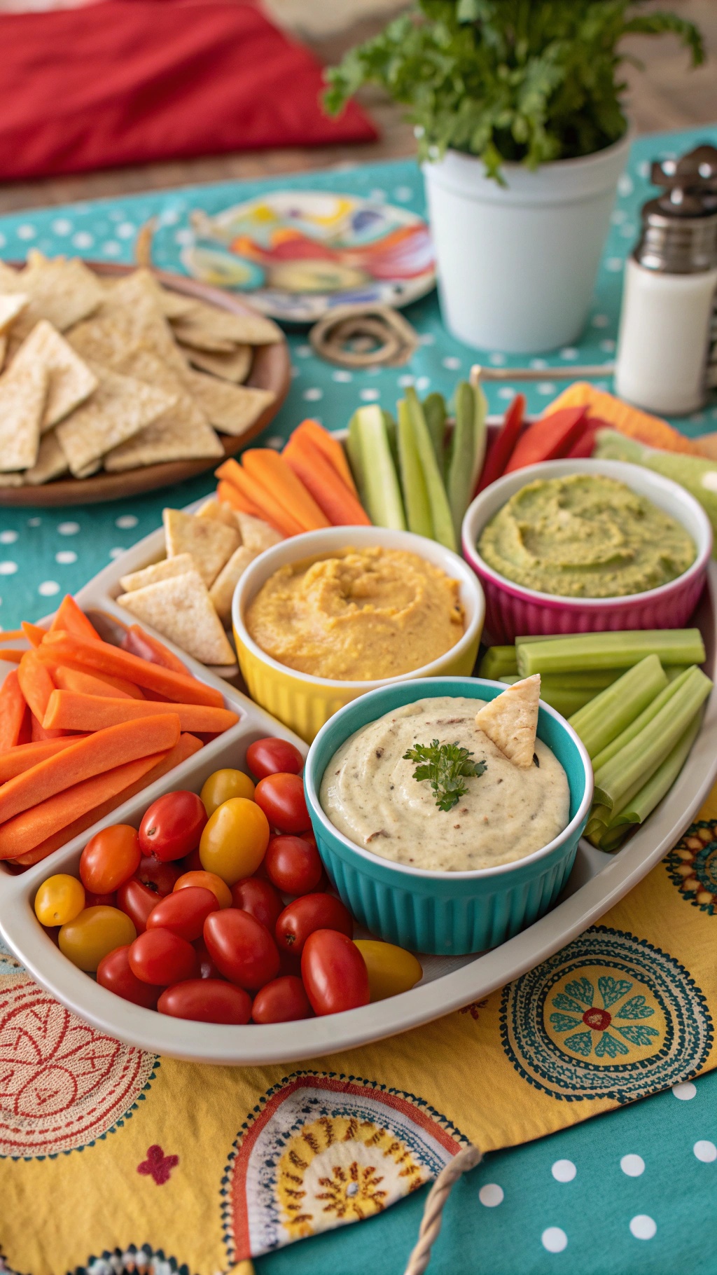 A colorful platter featuring three types of hummus and an assortment of fresh vegetables and pita chips.