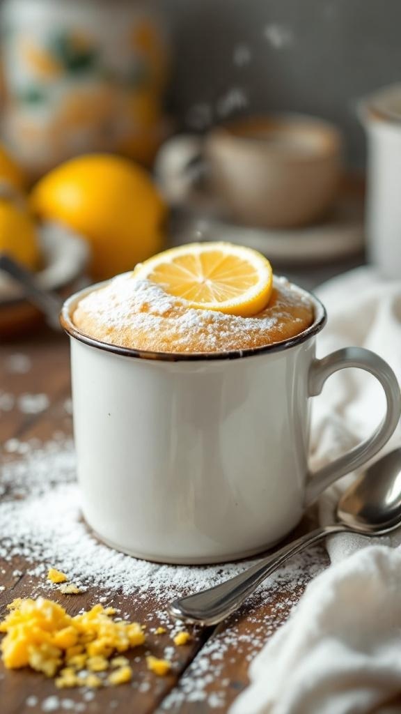 A lemon mug cake topped with a slice of lemon and powdered sugar, served in a white mug.
