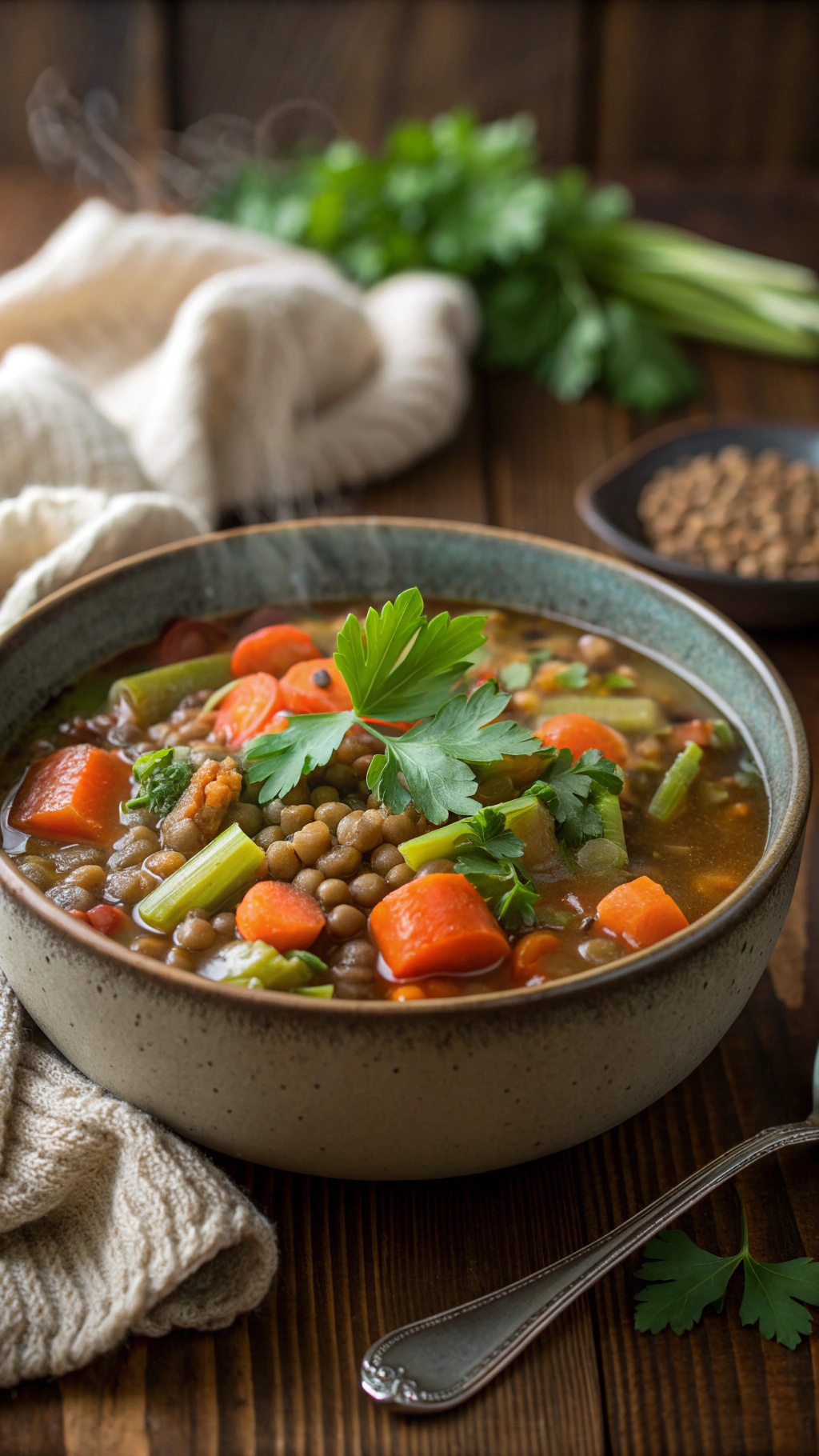 A bowl of lentil and vegetable stew with carrots, celery, and herbs.