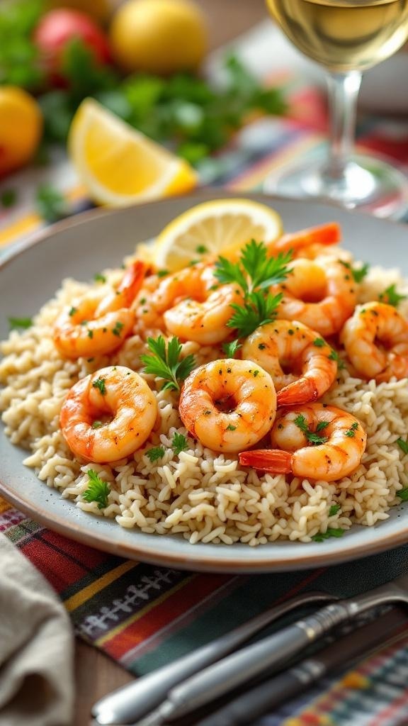 A plate of shrimp served over brown rice, garnished with parsley and lemon slices.