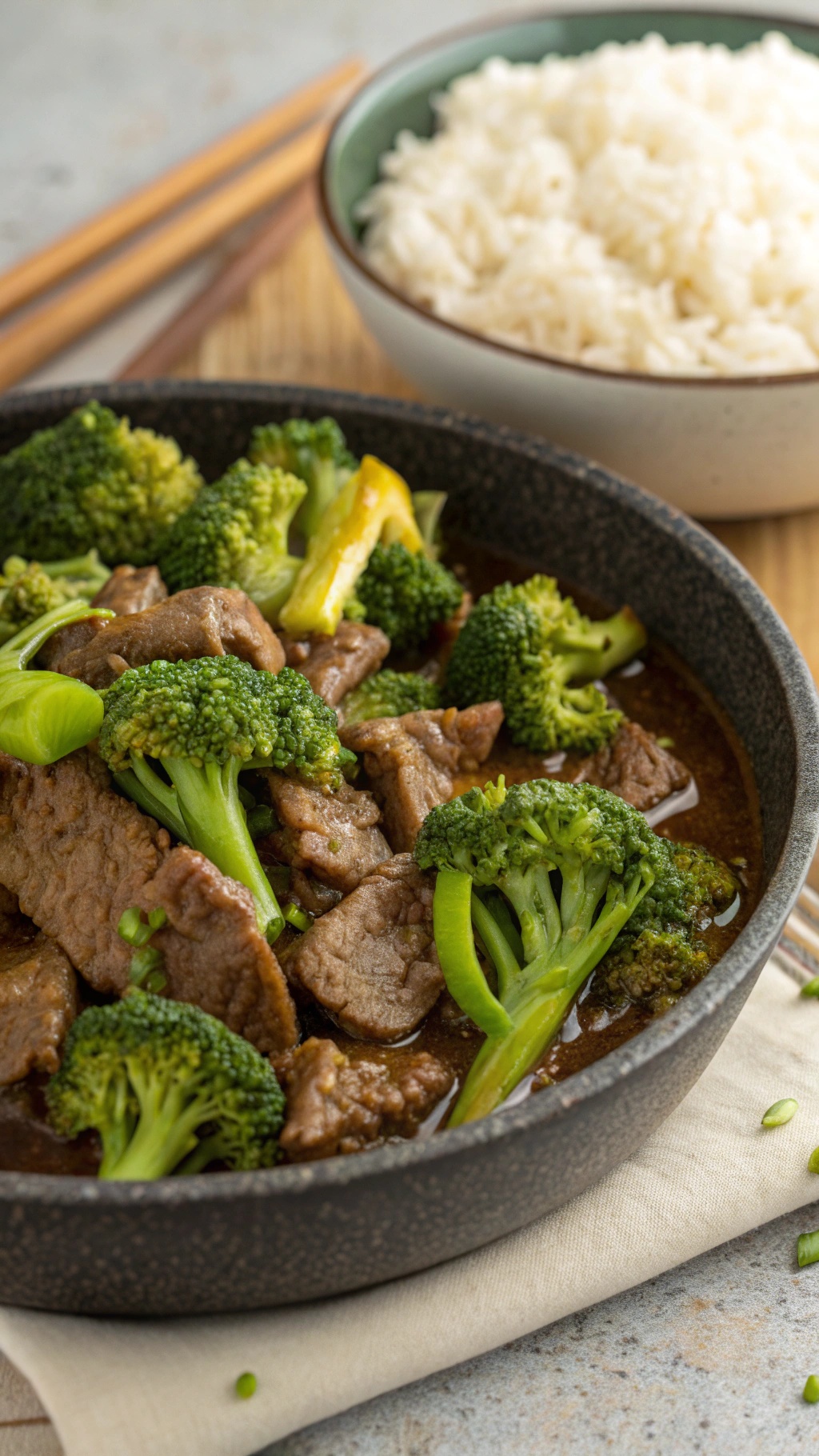A bowl of beef and broccoli with rice on the side.