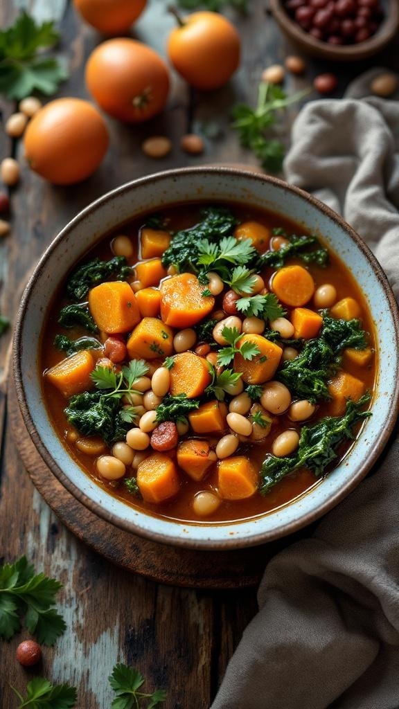 A bowl of vibrant vegan stew with sweet potatoes, beans, and kale, surrounded by fresh ingredients.