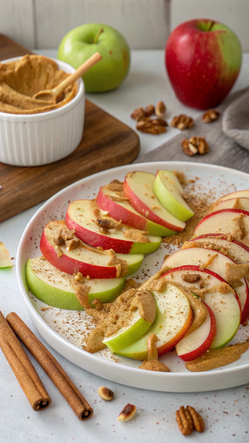 Sliced apples with nut butter on a plate, garnished with nuts and cinnamon.