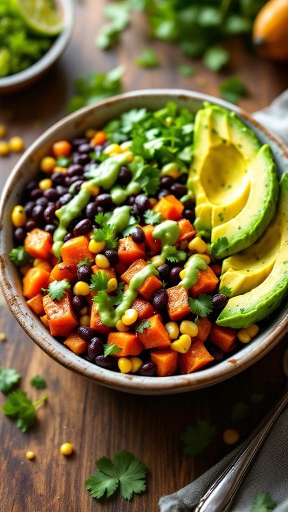 A colorful bowl filled with sweet potatoes, black beans, corn, avocado, and cilantro.