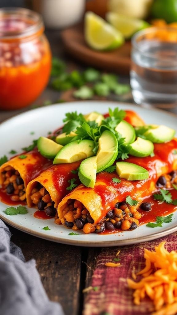 Plate of sweet potato and black bean enchiladas topped with avocado and cilantro.