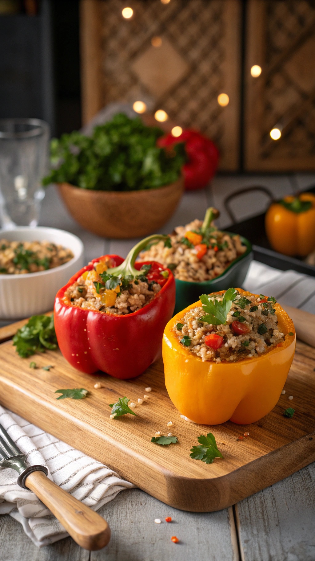 Colorful stuffed bell peppers filled with turkey and quinoa on a wooden cutting board