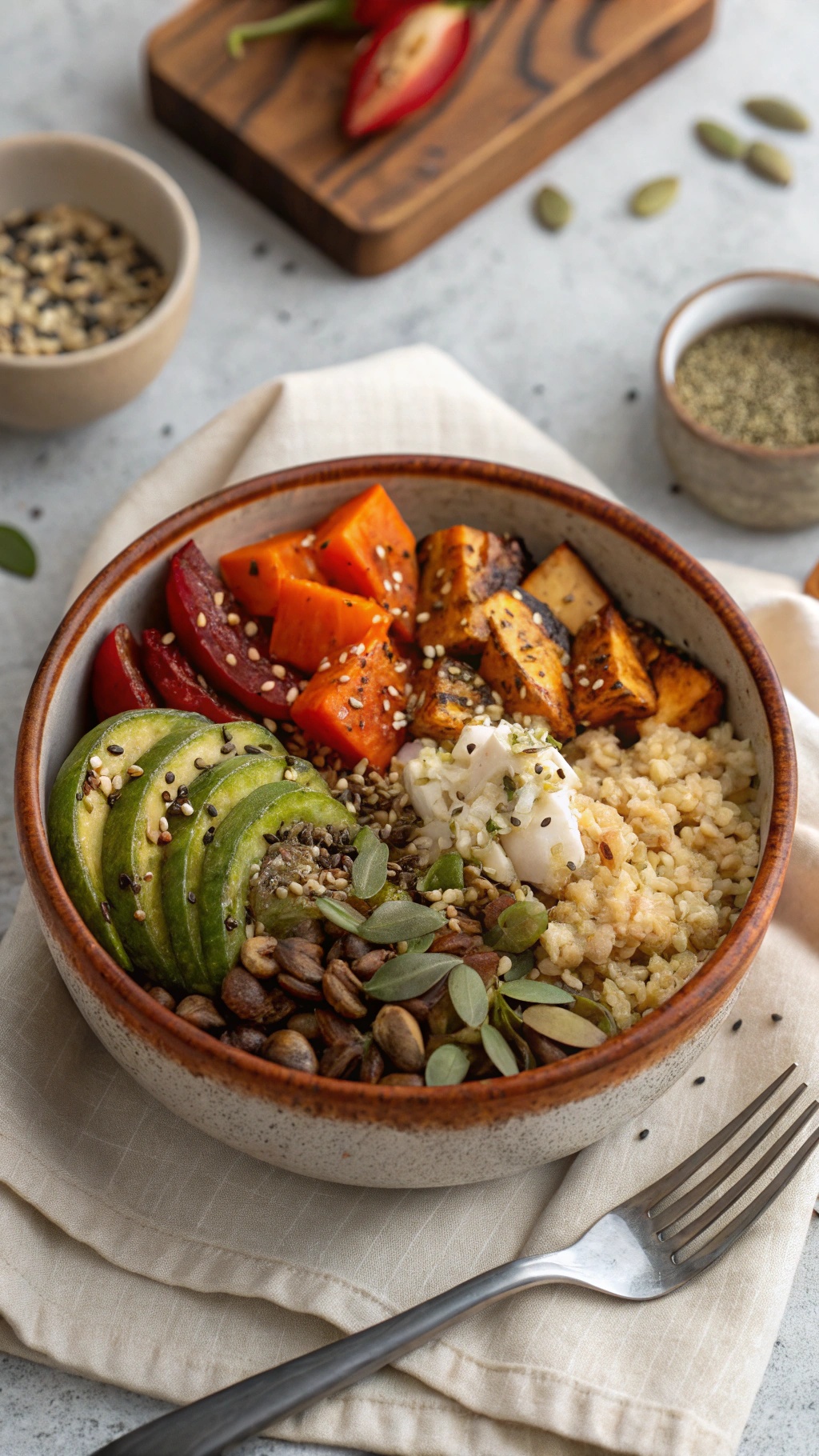 A colorful vegan breakfast bowl with quinoa, roasted sweet potatoes, avocado slices, and pumpkin seeds.