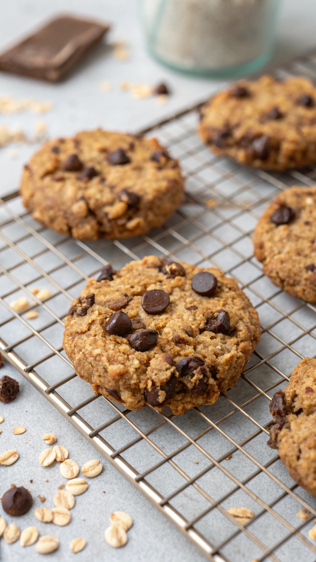 Vegan breakfast cookies cooling on a wire rack with chocolate chips and oats scattered around.