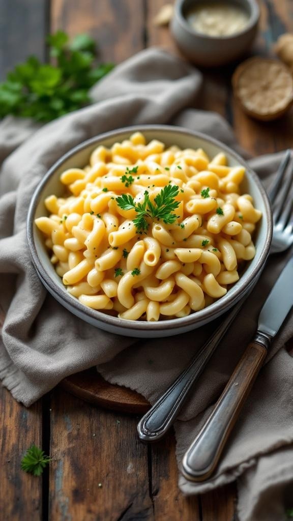A bowl of creamy vegan mac and cheese garnished with parsley on a wooden table.