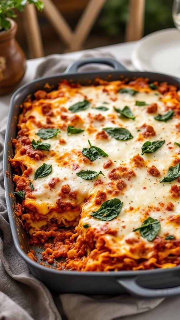 A delicious one-pan lasagna with sausage and spinach, topped with melted cheese and fresh basil.