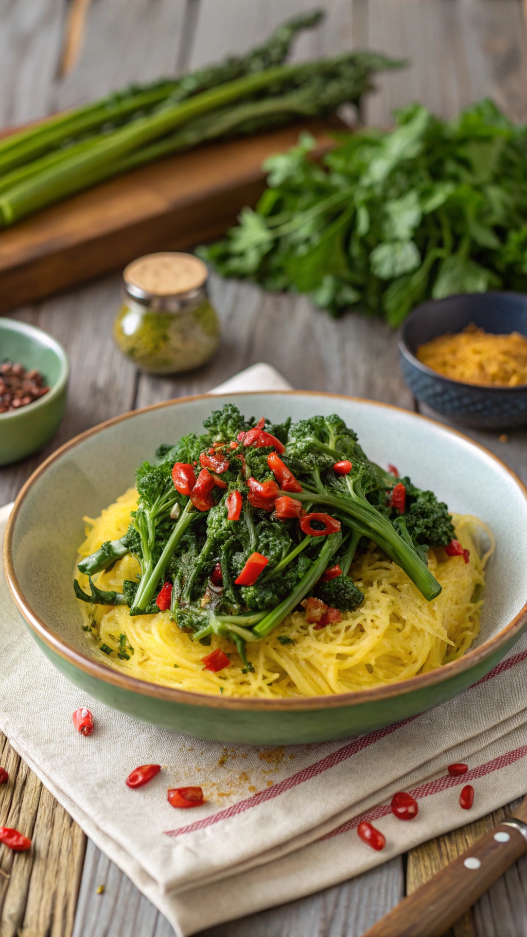 A bowl of spaghetti squash topped with sautéed broccoli rabe and red chili flakes, garnished with fresh herbs.