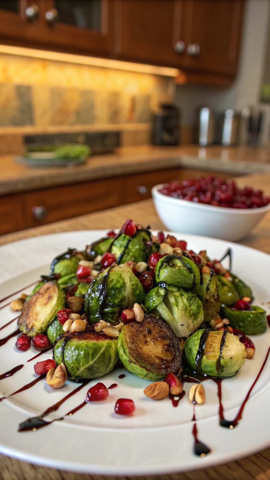 Sautéed Brussels sprouts with balsamic glaze topped with pomegranate seeds and nuts