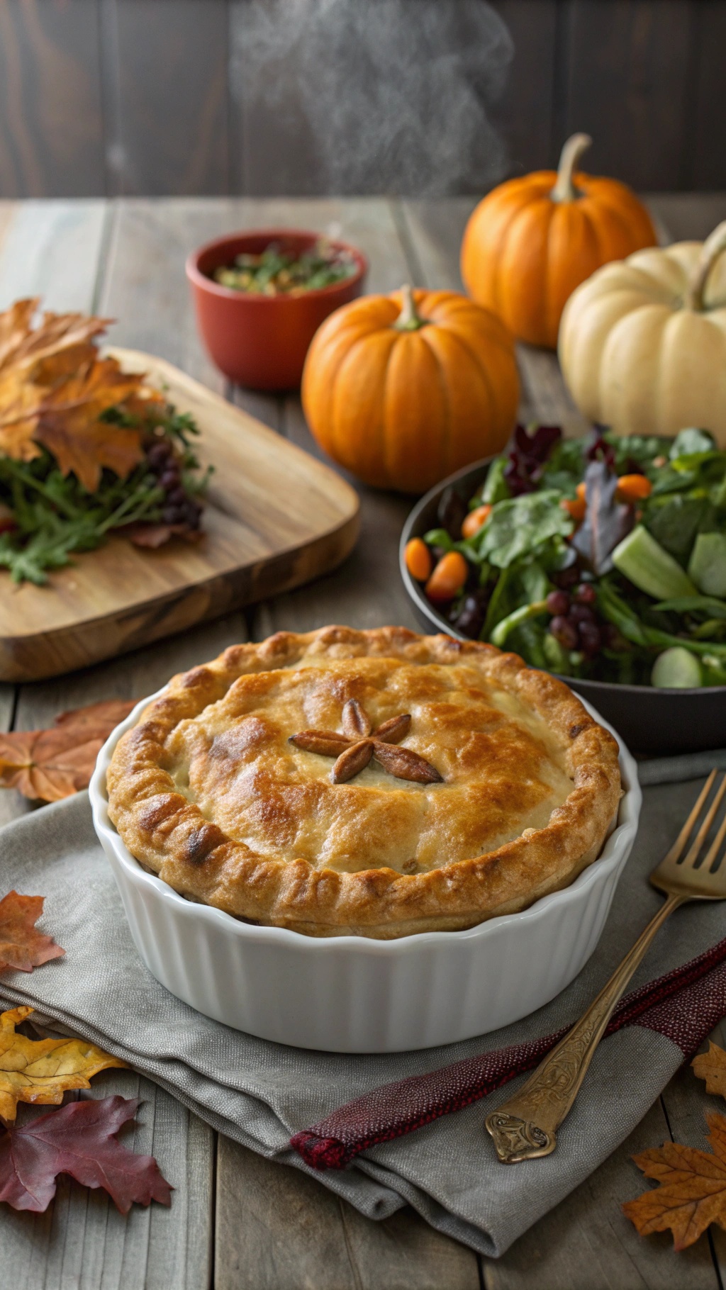 A hearty vegetable pot pie surrounded by pumpkins and a fresh salad on a rustic table.