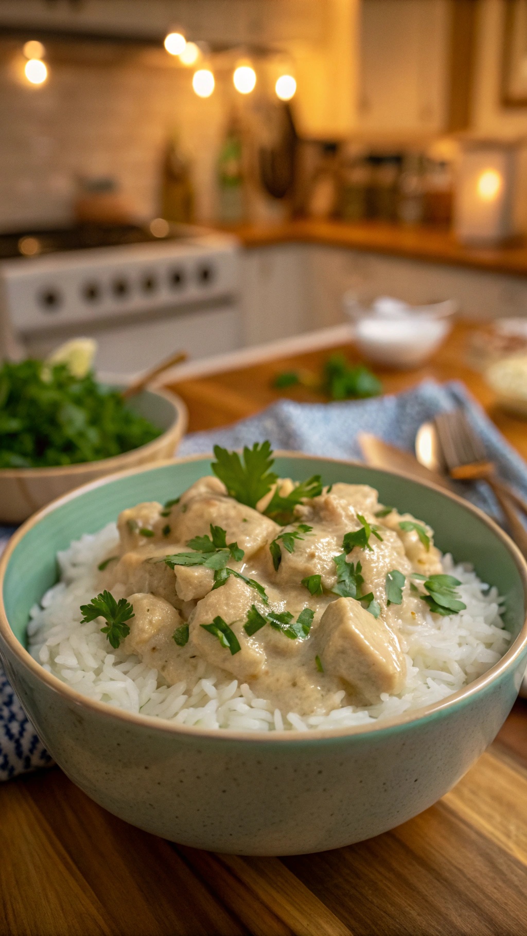 A bowl of creamy garlic chicken served over rice, garnished with fresh parsley.