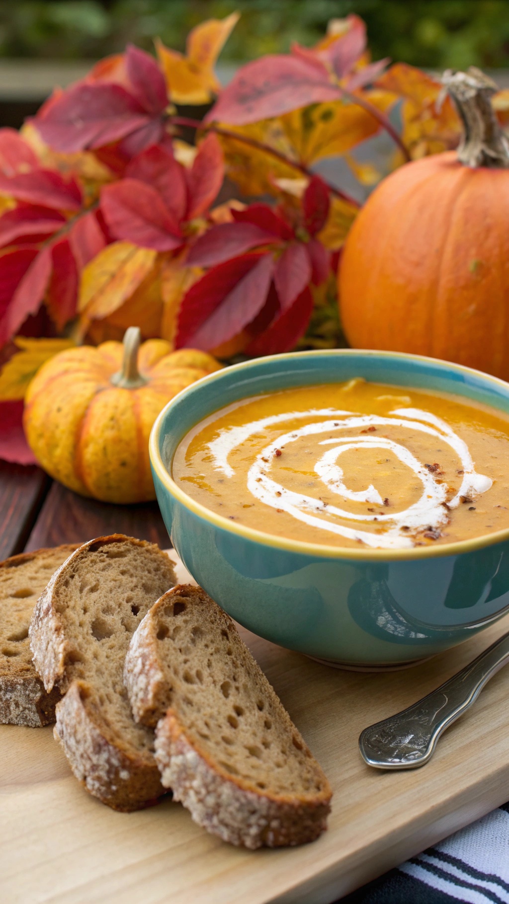 A bowl of butternut squash and apple soup with slices of bread and autumn leaves in the background.