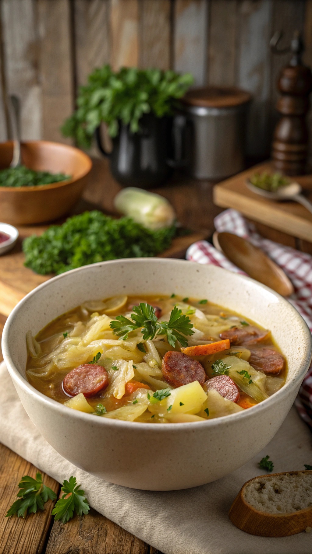 A bowl of cabbage and sausage soup garnished with parsley, with ingredients in the background.