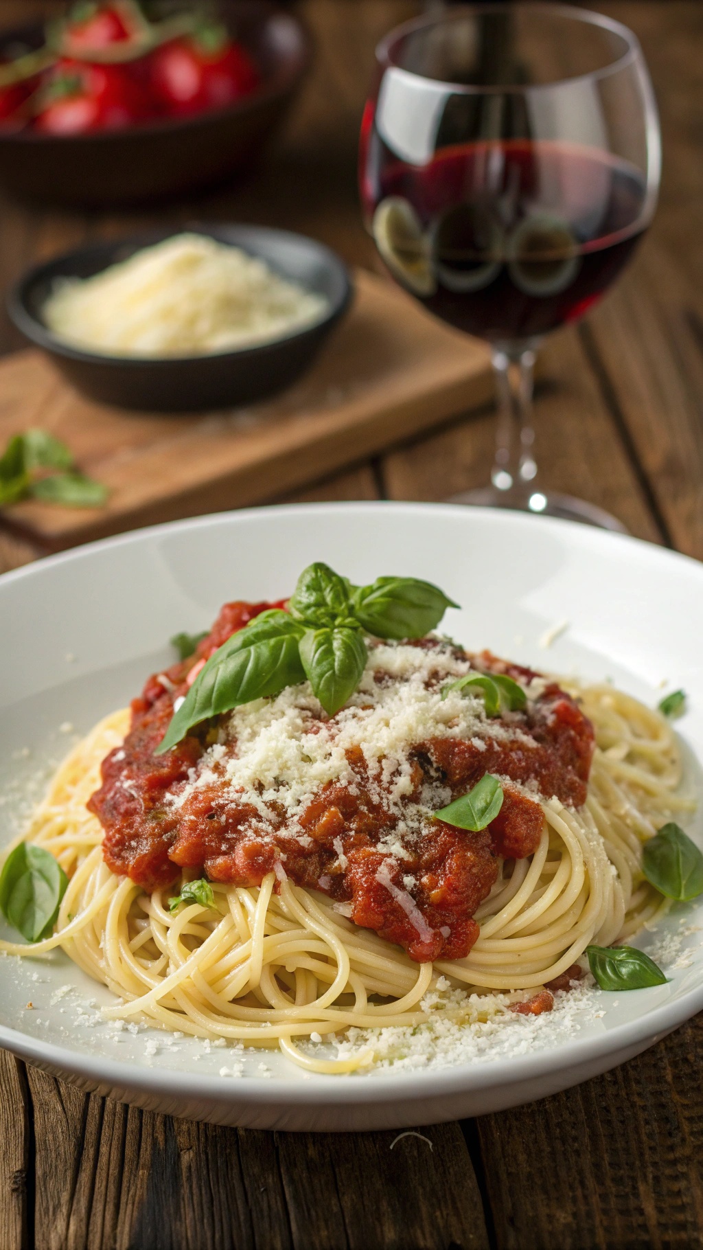 A plate of gluten-free spaghetti topped with marinara sauce, fresh basil, and grated cheese, served with a glass of red wine.