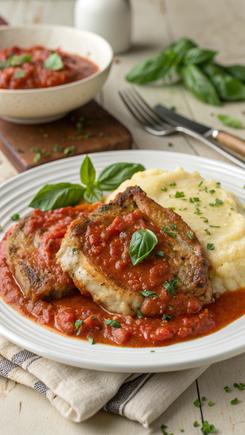 Italian-style pork chops with marinara sauce and fresh basil served with mashed potatoes.