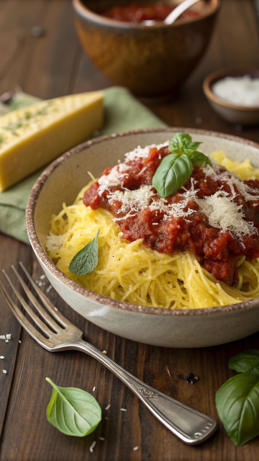 A bowl of spaghetti squash topped with marinara sauce, garnished with basil and cheese.