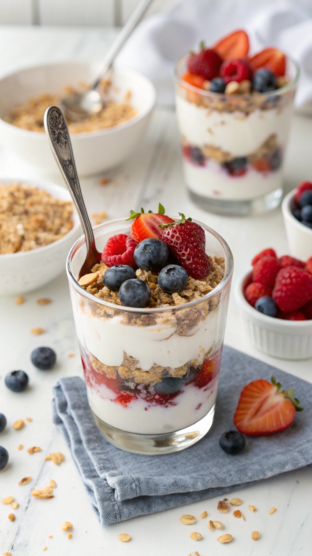 A delicious Greek yogurt parfait with layers of yogurt, berries, and granola.