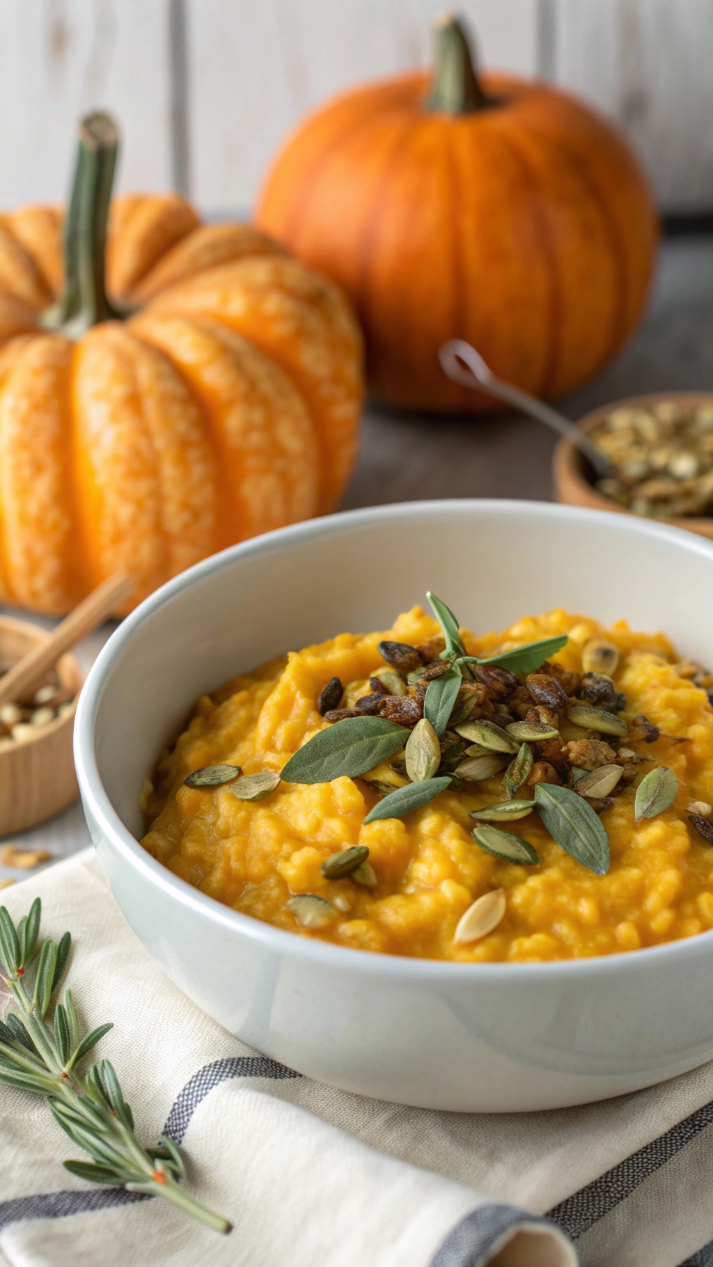 A bowl of creamy roasted butternut squash risotto topped with pumpkin seeds and herbs, with pumpkins in the background.