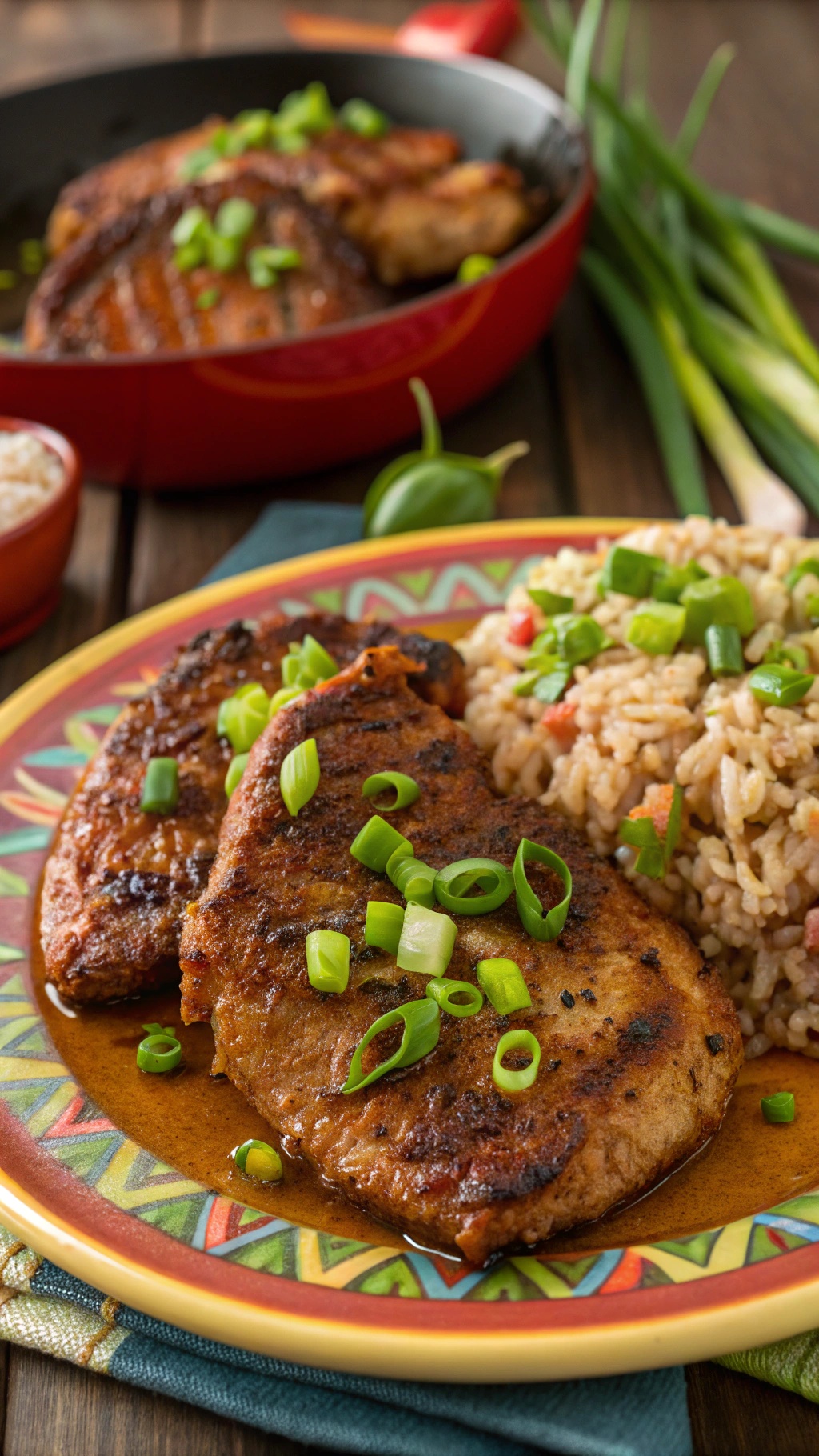Cajun-spiced pork chops with rice and green onions