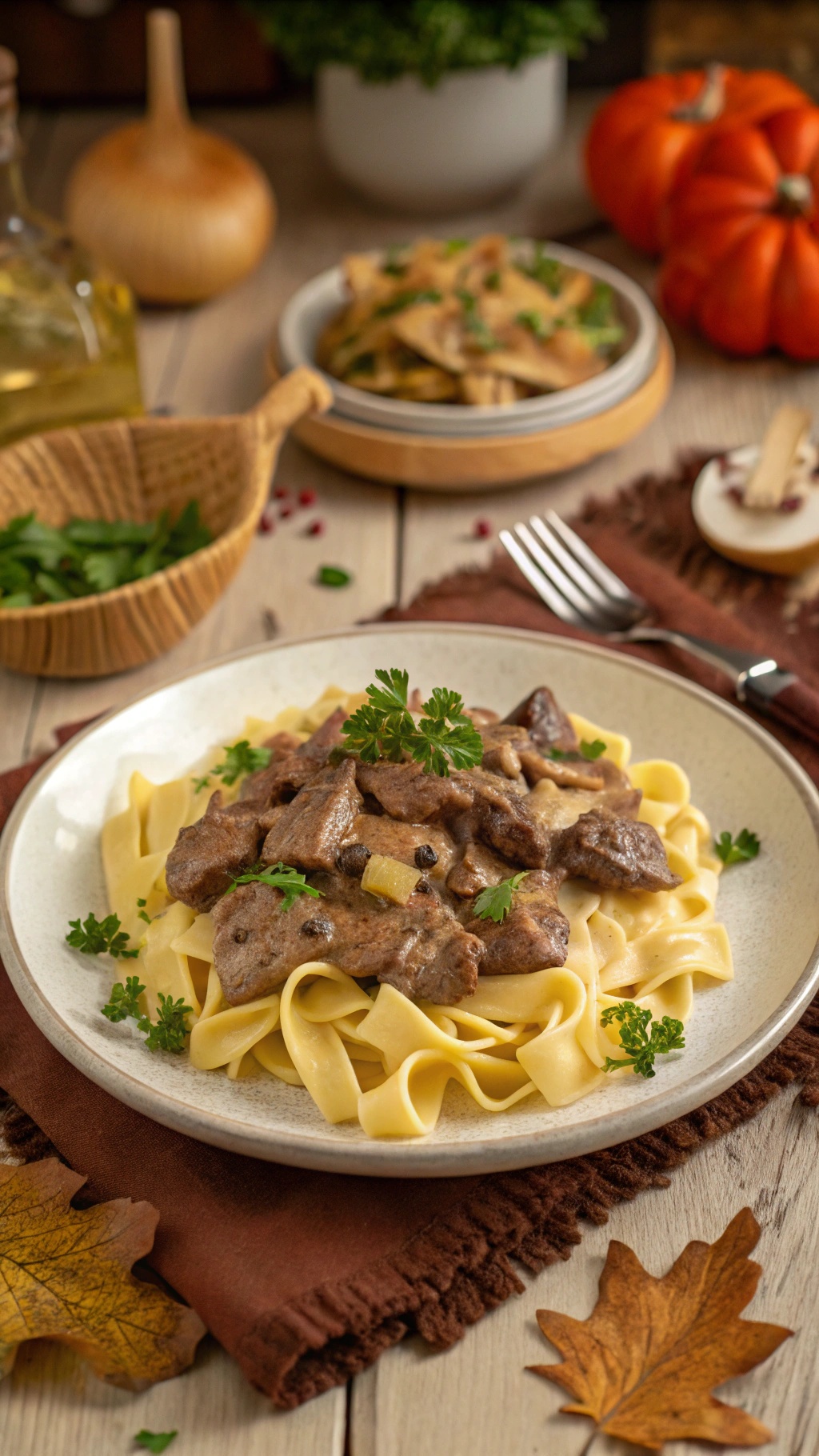A plate of Beef Stroganoff served over egg noodles, garnished with parsley, with a cozy fall setting.