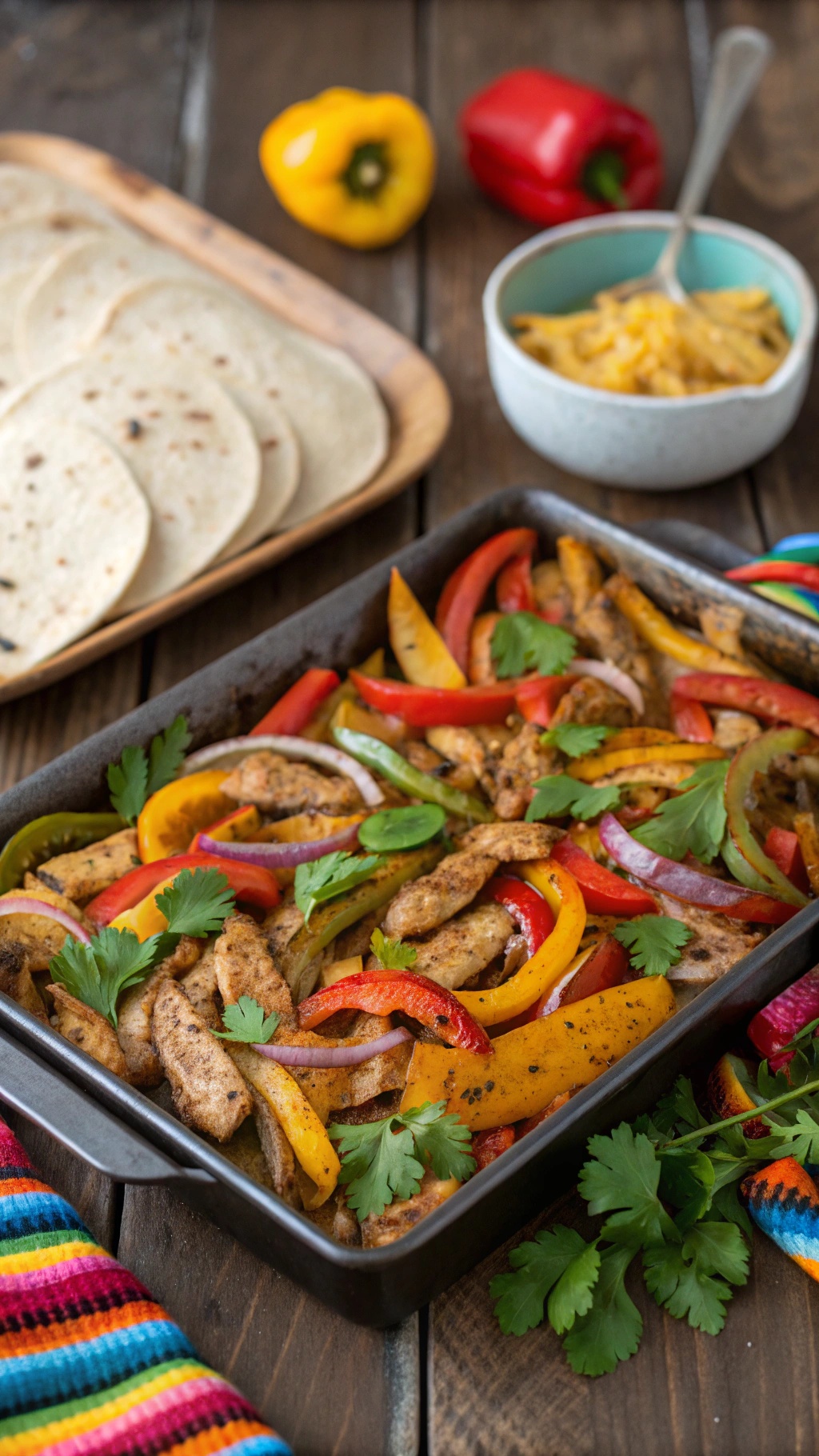 A delicious sheet pan of chicken fajitas with colorful bell peppers and onions, served with tortillas.