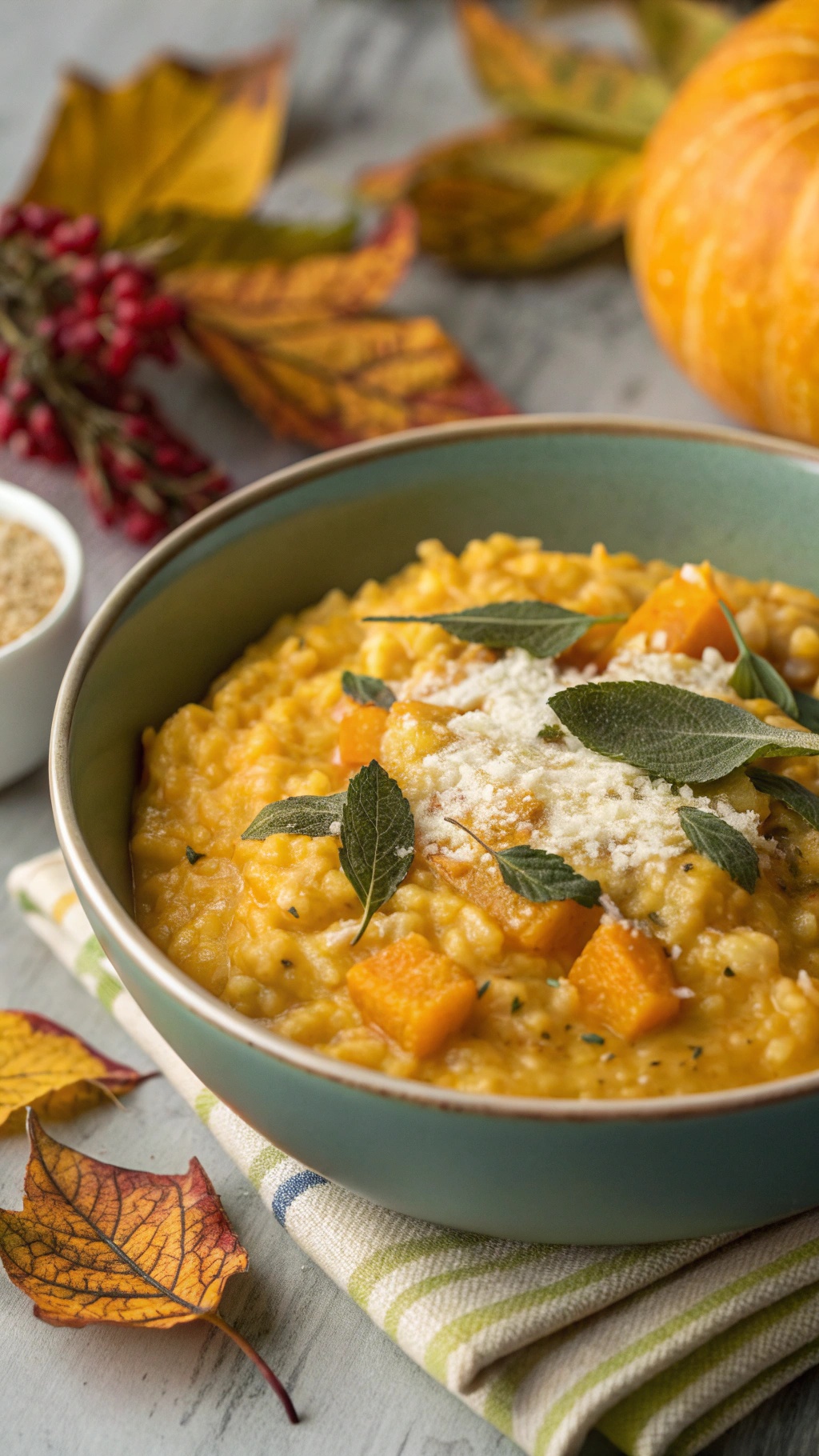A bowl of butternut squash risotto topped with sage leaves and cheese, surrounded by autumn leaves.