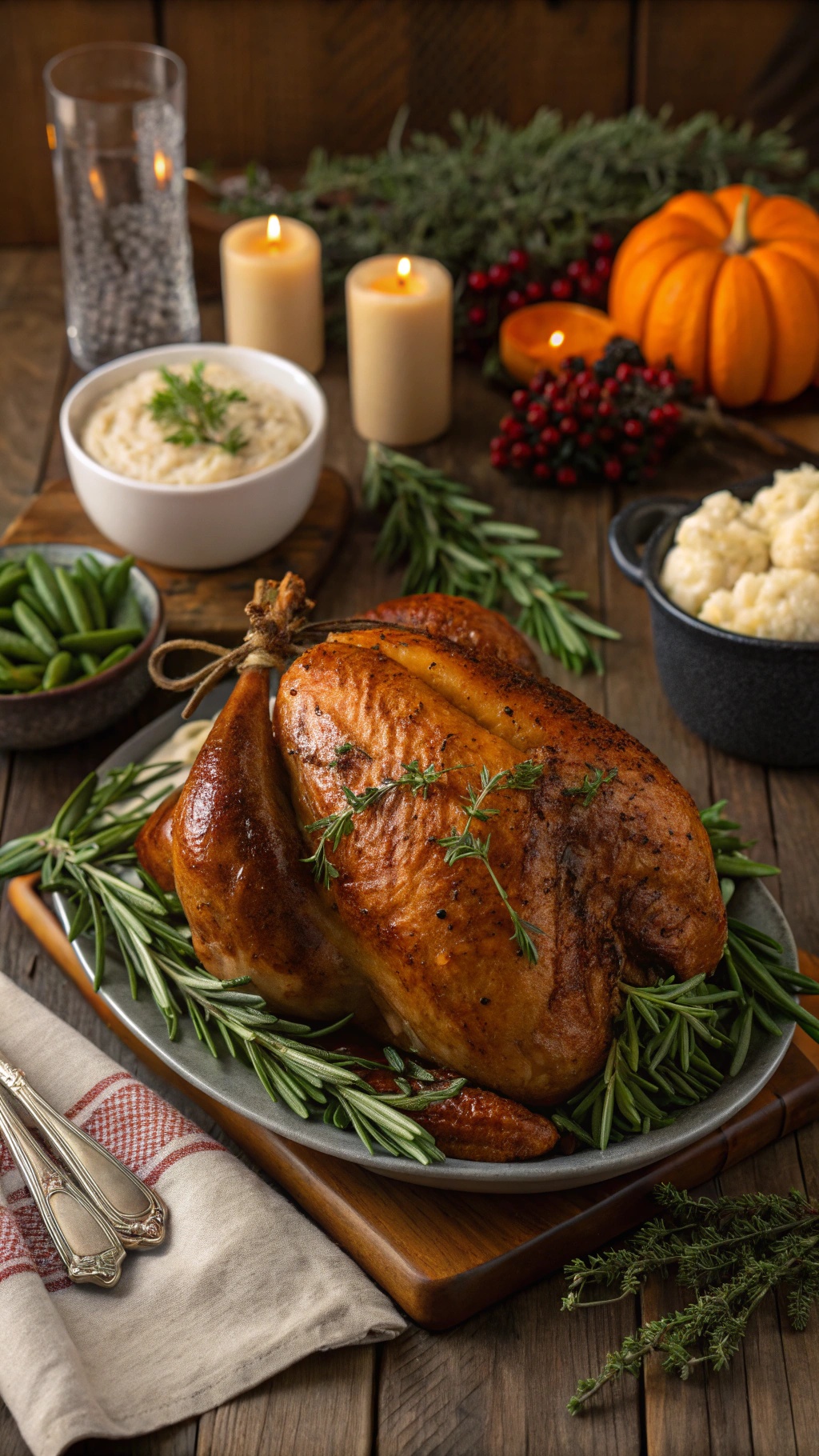 A beautifully roasted turkey garnished with herbs, surrounded by sides and candles, creating a festive Thanksgiving atmosphere.